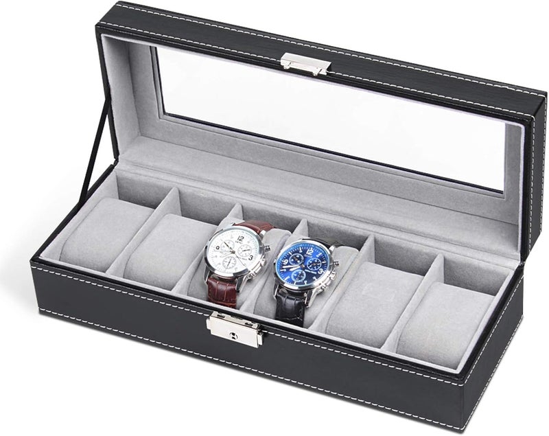 NEX 6 Slots Watch Box Organizer for Men, Black Watch Holder Stand Display Storage Case - Image 1